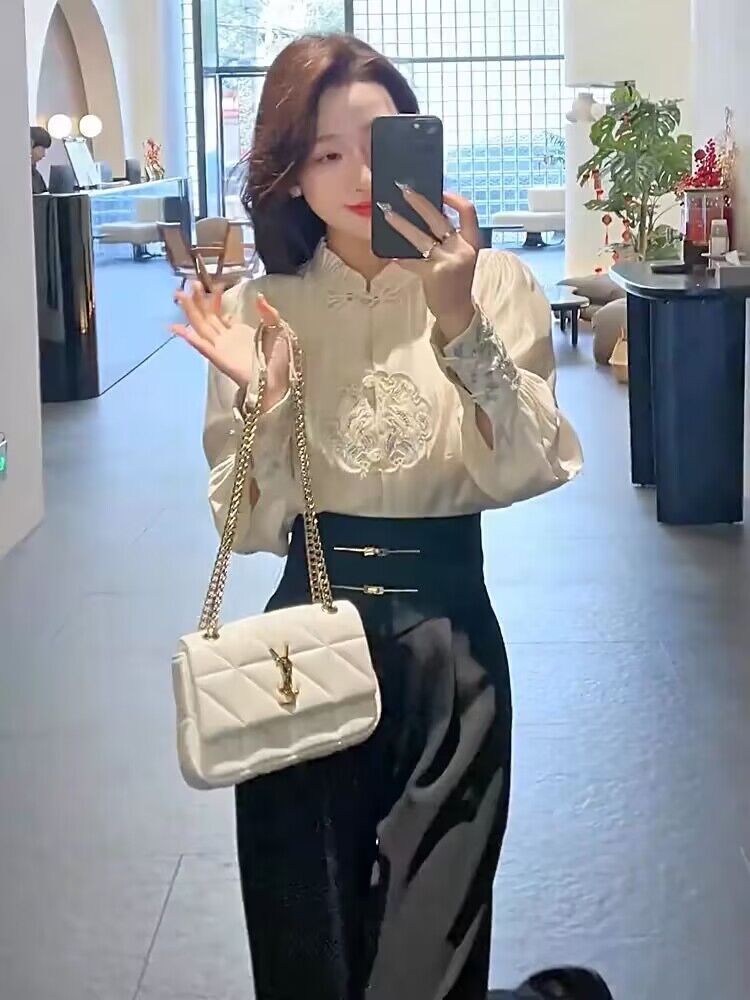 New Chinese style national style suit, dignified and grand hall-style clothes, age-reducing shirts, casual pants, professional two-piece set for women