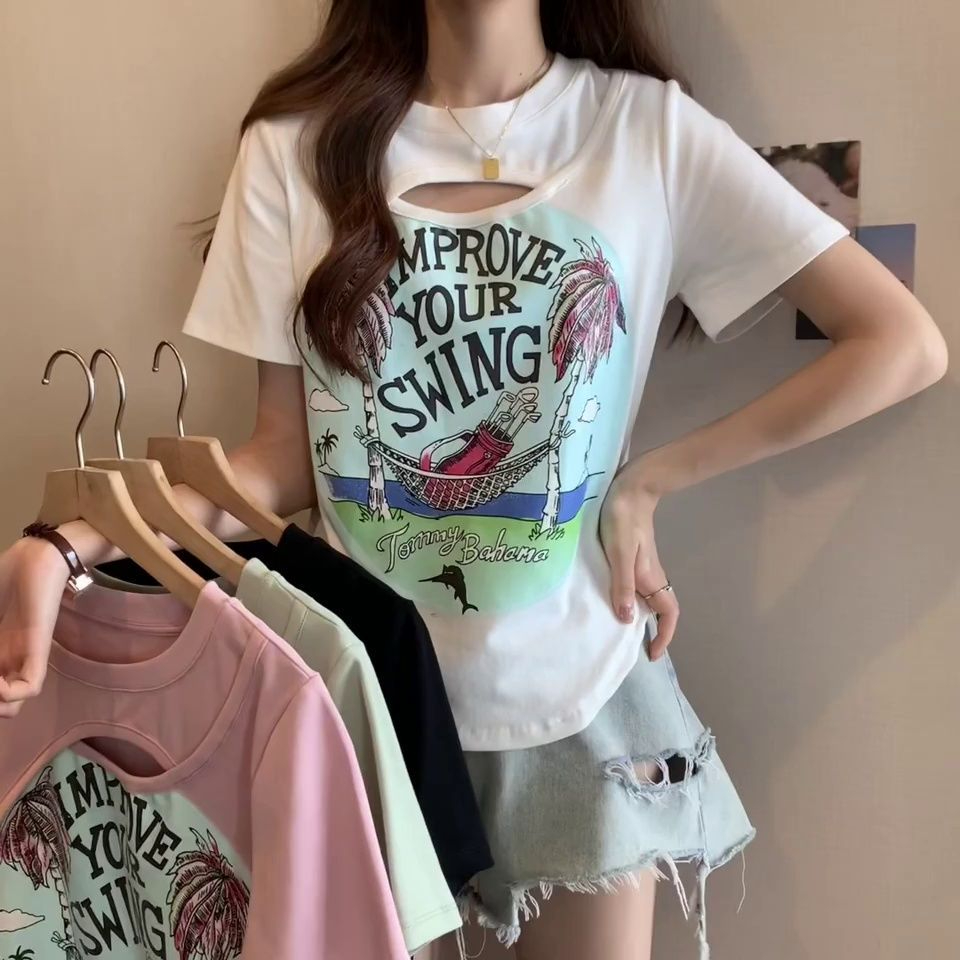 夏季辣妹正肩短袖T恤大碼胖mm設計鏤空印花百搭上衣女