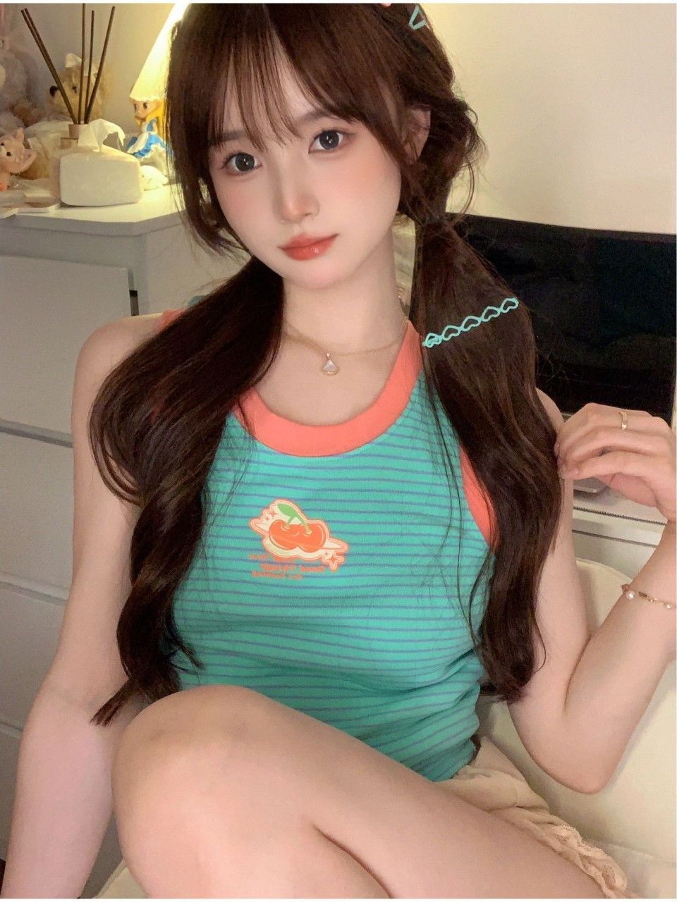 已出貨 甜美背心小吊帶女夏季內搭藍綠條紋無袖短款上衣圓領休閒