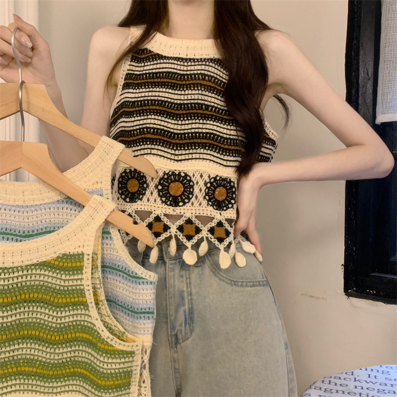 性感鏤空花朵刺繡針織吊帶背心女夏復古民族風設計感流蘇短款上衣
