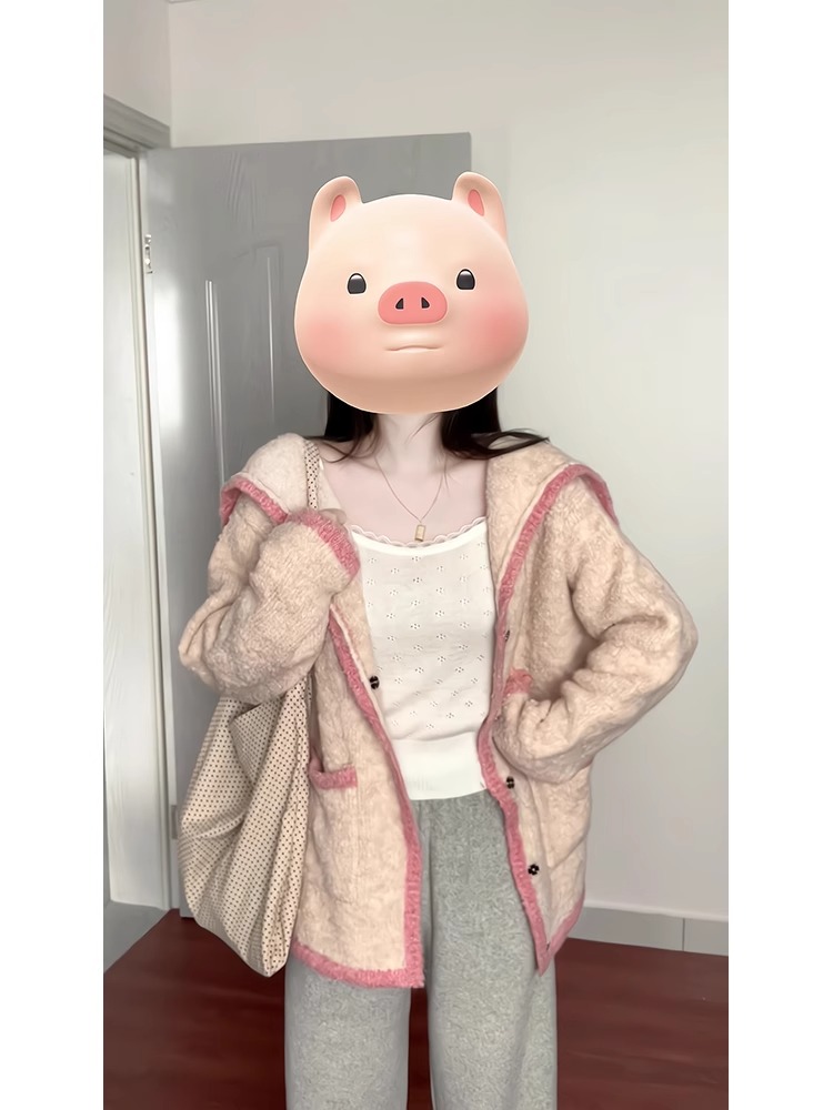 Japanese pink spliced ​​sweater cardigan women's autumn and winter new loose lazy style high-end knitted sweater jacket