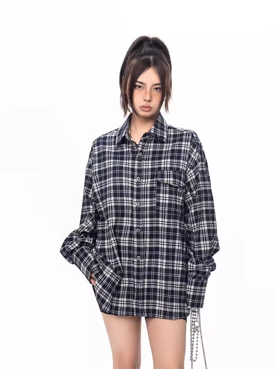 美式街頭襯衫女春季新款寬鬆顯瘦格子襯衣vintage休閒防曬外套潮