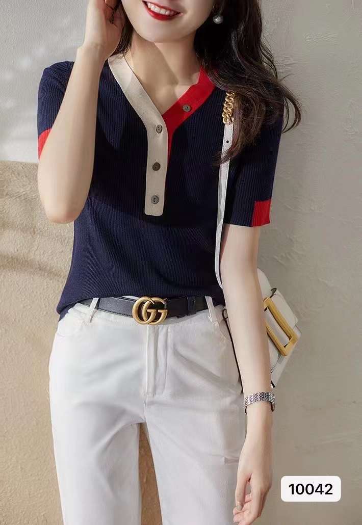 夏季新款復古港風V領紐扣拼色百搭短袖上衣女