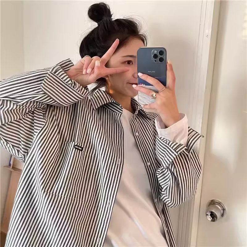 條紋polo領長袖防曬襯衫女春秋季2024新款寬鬆外套