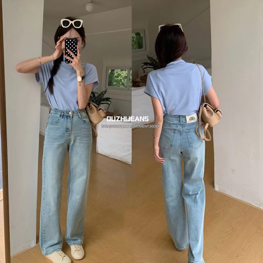TOP窄版高腰闊腿褲女2024春季新款淺藍色顯瘦牛仔直筒拖地褲3008