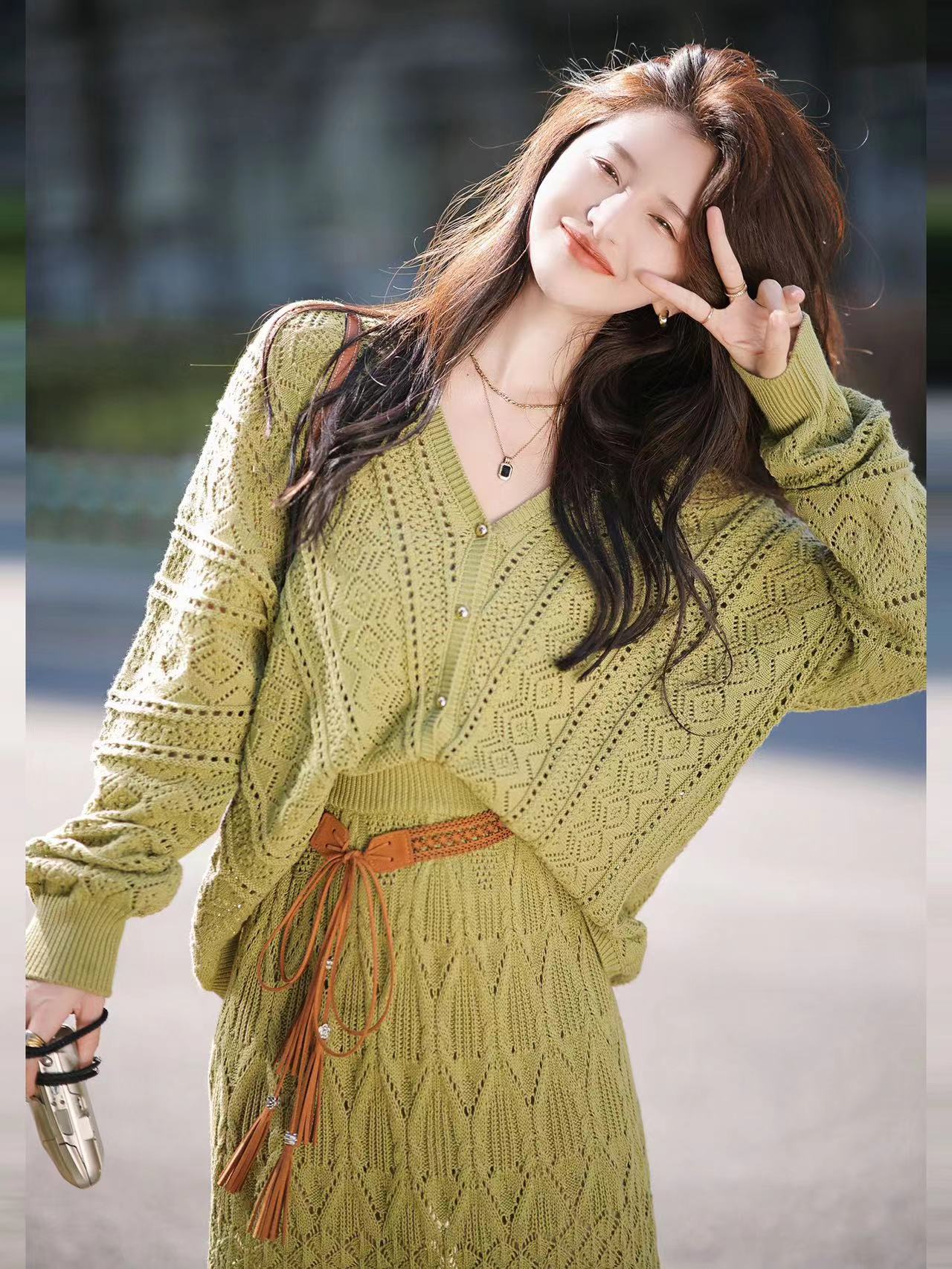 Tea Style Influencer Casual Suit for Women Knitted Cardigan High Waist Half-length Skirt Two-piece Dress for Women