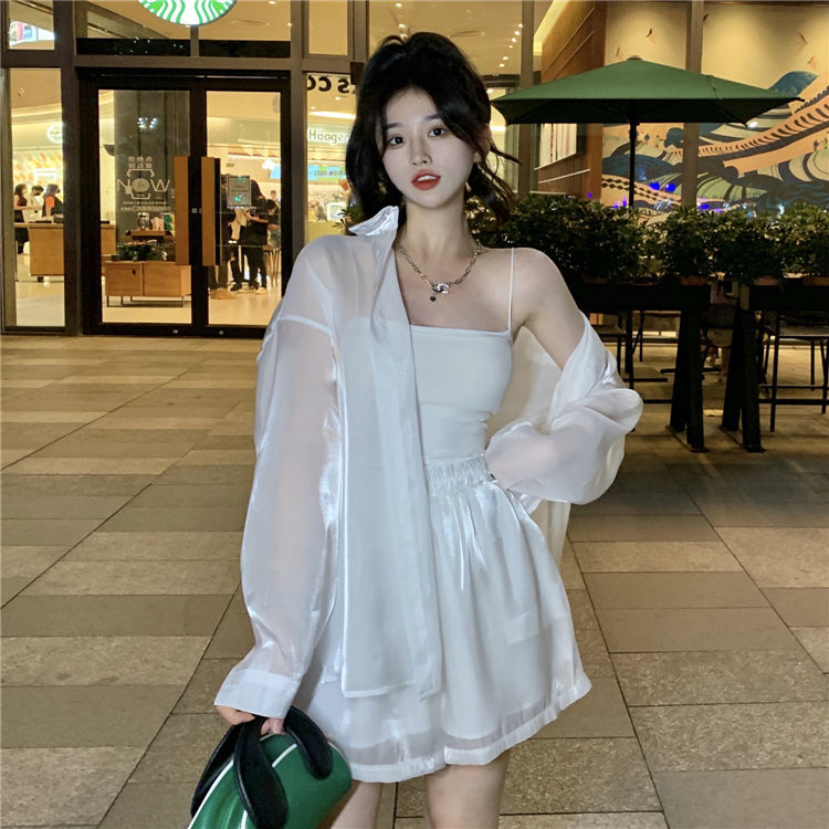 人魚姬襯衫女夏純欲風新款韓版寬鬆珠光防曬衫開衫兩件套短褲套裝