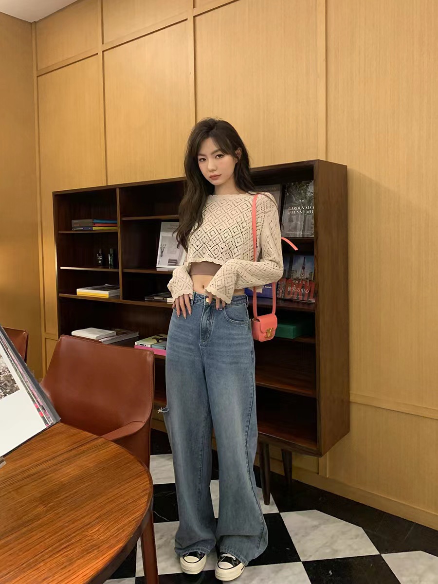 邱肉瑤 夏季新款純棉設計感純色短款勾花鏤空直筒型針織衫女薄款