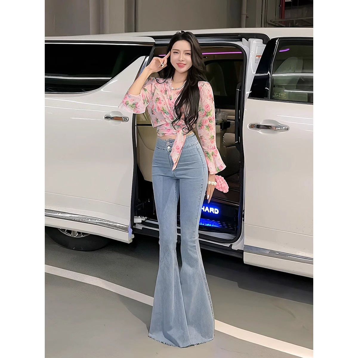 藍色休閒牛仔褲女春氣質高腰修身直筒長褲辣妹彈力毛邊大喇叭褲子