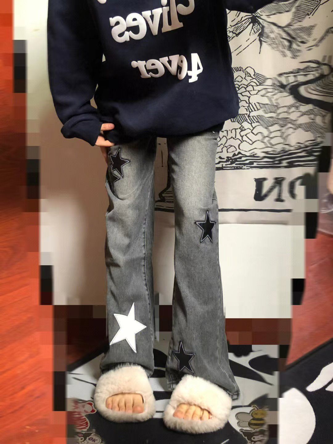 美式高街星星印花直筒牛仔褲女春季高腰寬鬆顯瘦設計感闊腿褲子潮