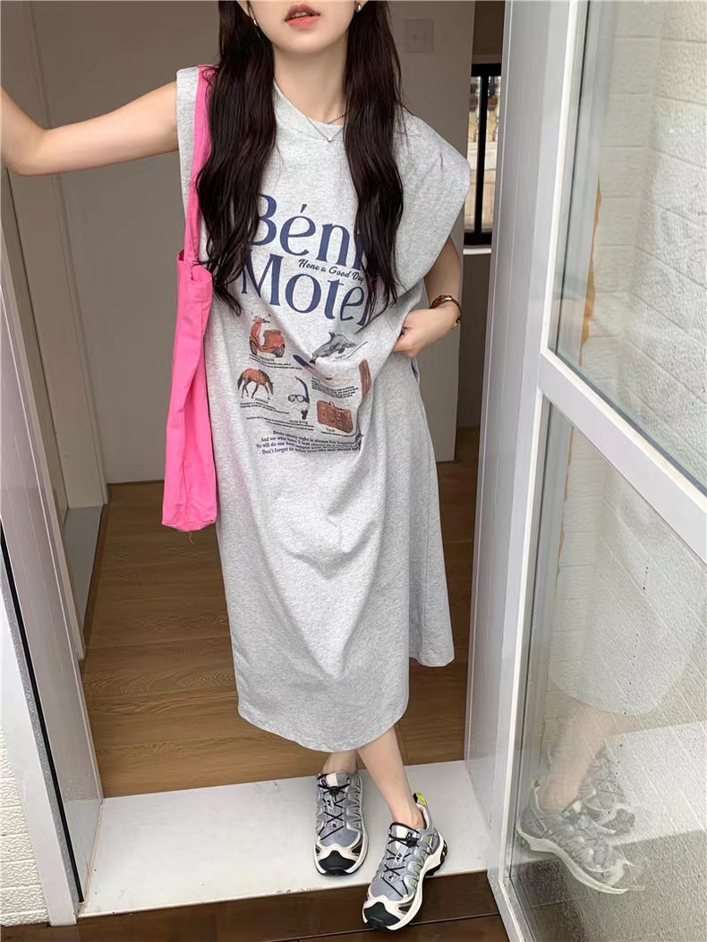 仿棉牛奶絲# 夏季無袖T恤長裙原宿風個性上衣女背心寬鬆裙子