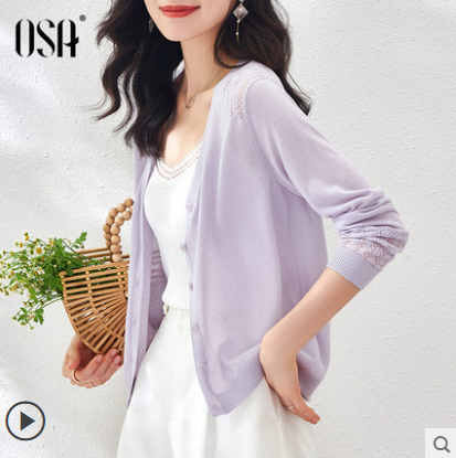 Thin Purple Knitted Cardigan Jacket Women's Spring Clothing 2024 New Shawl Sunscreen Air Conditioning Shirt Summer ~ Osha