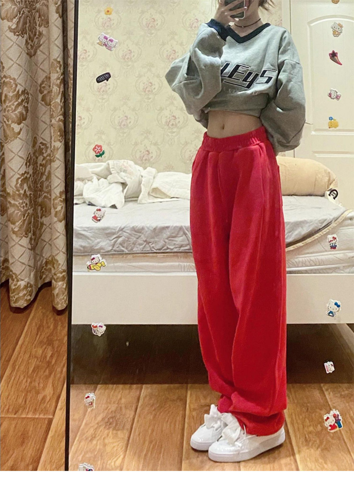 紅色高腰直筒闊腿加絨衛褲女街舞嘻哈寬鬆休閒運動褲子