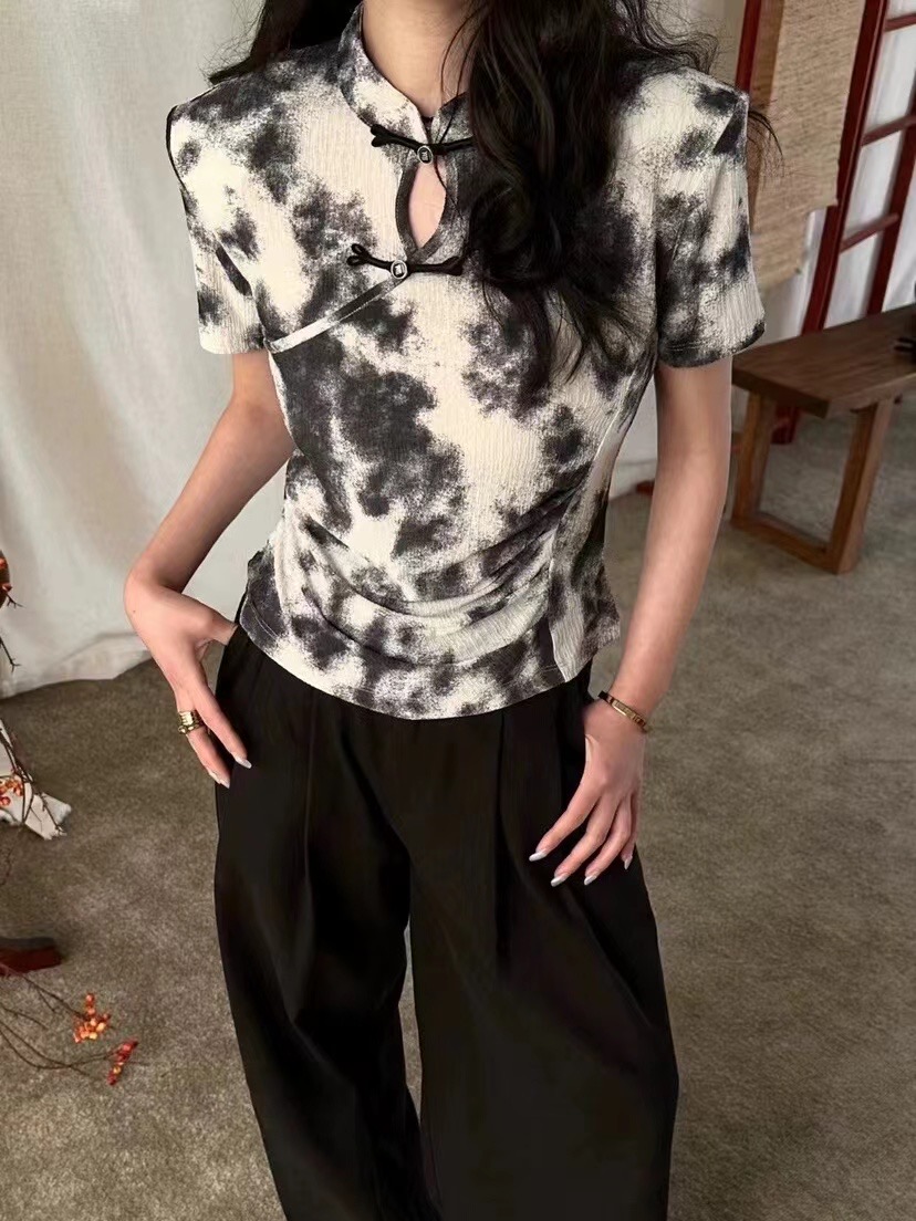 春夏女2024新款扎染水墨畫新中式國風盤扣衫修身上衣