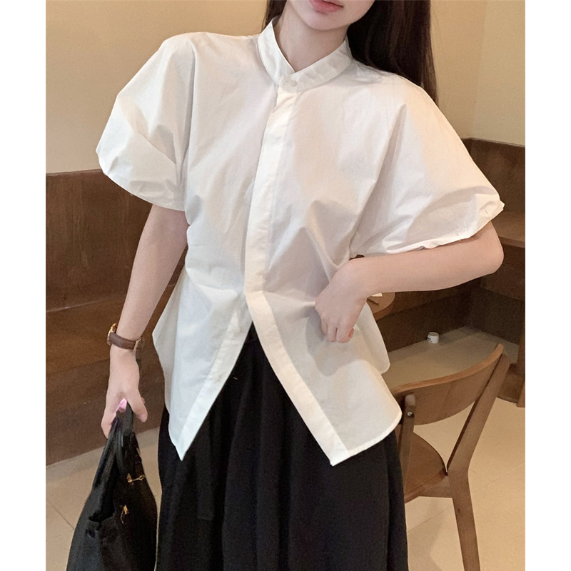 泡泡短袖襯衫女夏季2024新款法式收腰設計感小眾上衣別致白色襯衣