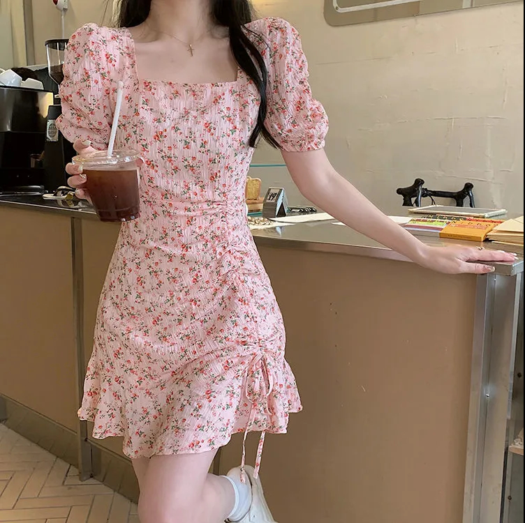 碎花裙溫柔風ins 女夏別致設計藝術感裙子韓系風格奶里奶氣連衣裙