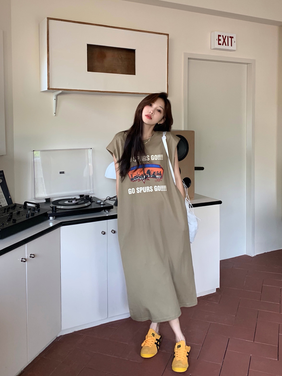 純棉帶墊肩有口袋包領無袖背心連衣裙女夏顯瘦過膝長裙
