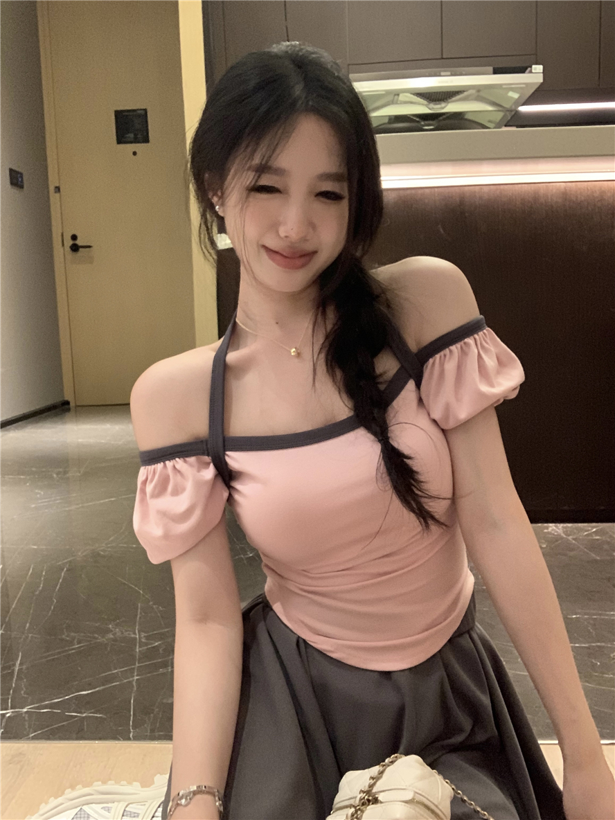 實拍方領別致短袖T恤夏季甜辣妹低領露鎖骨上衣修身短款打底