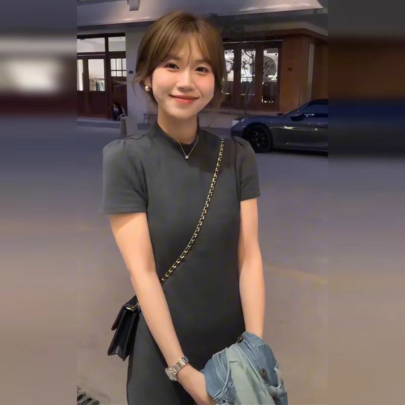 喲米YOMI海德日記早春新中式黑色連衣裙女小個子圓領氣質長裙