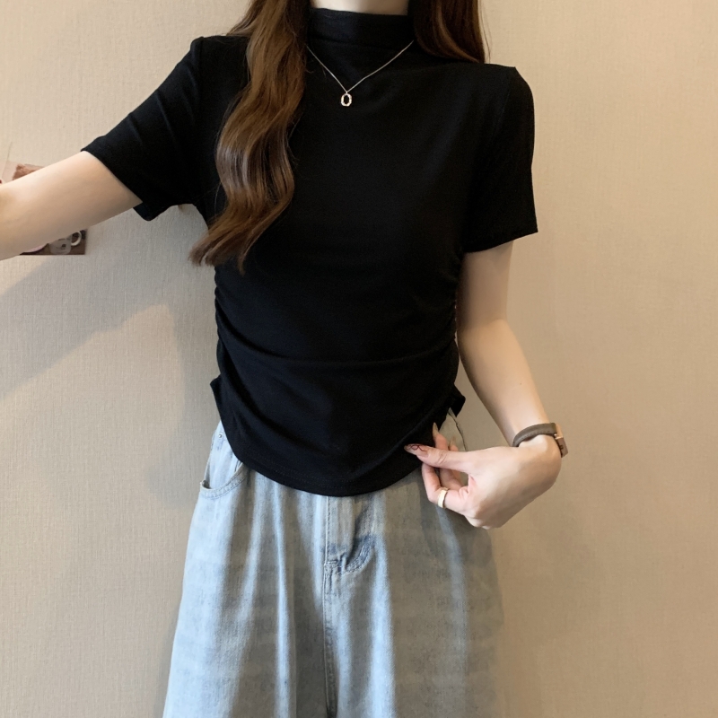 實拍  40支純棉 2024夏裝 半高領弧形短袖T恤女打底衫