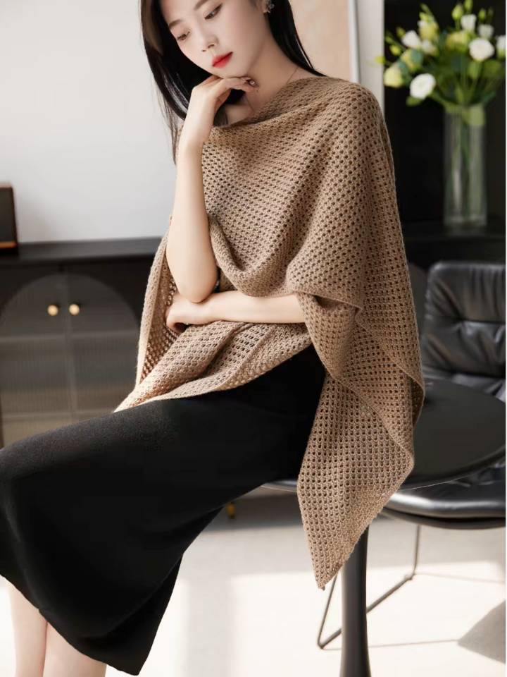 Internet celebrity cape shawl women's spring and summer solid color wool knitted cardigan with hollow scarf dual-purpose cape air-conditioning shirt