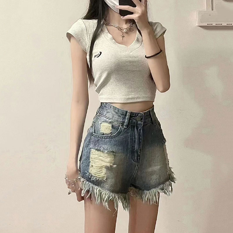 純棉螺紋 美式復古短袖t恤女修身辣妹純欲露臍短款上衣