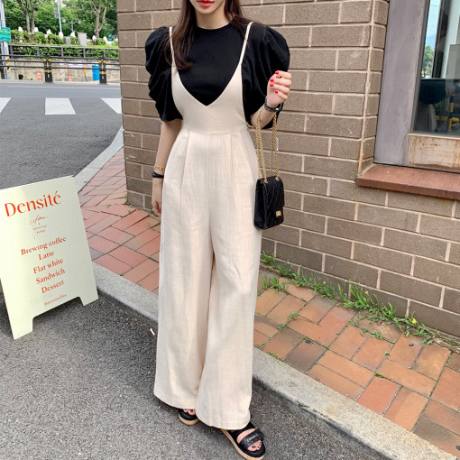 原版 闊腿褲拖地長褲薄款寬鬆系帶高腰吊帶連體褲女