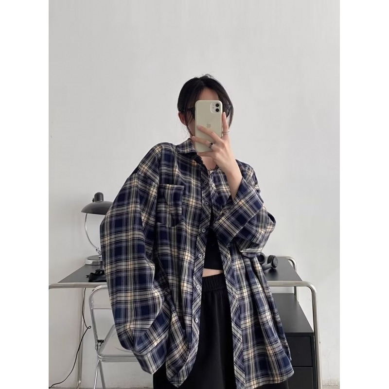 美式復古格子襯衫男女外套春秋季開衫設計感寬鬆外穿襯衣長袖上衣
