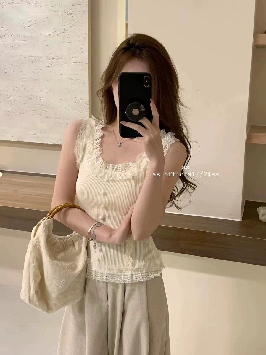 純欲辣妹蕾絲花邊吊帶背心女2024年新款夏季別致小眾內搭打底上衣