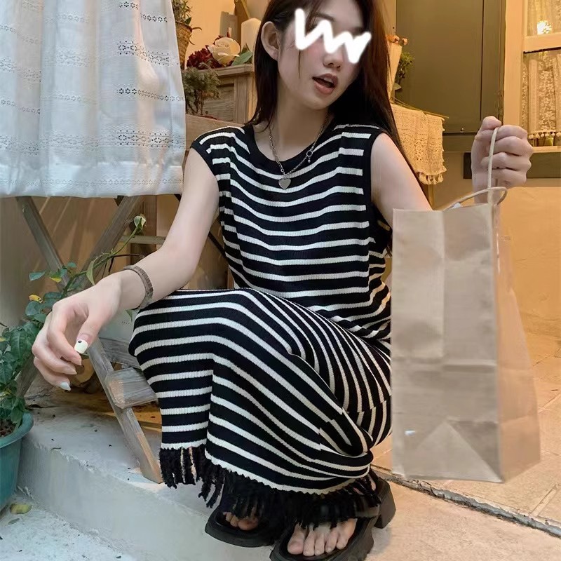 已出貨 新款韓版無袖顯瘦氣質流蘇設計條紋針織連衣裙女背心裙