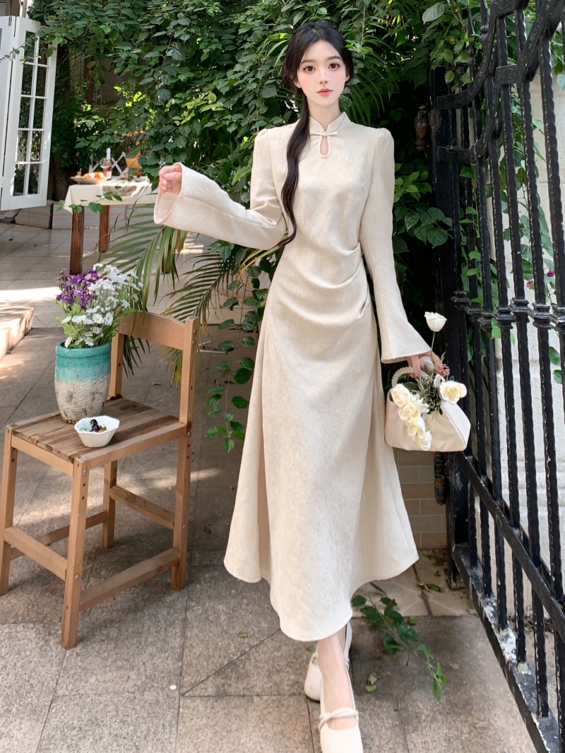 Plus size women's French high-end cheongsam dress spring Hepburn style jacquard fat mm waist waist drape skirt