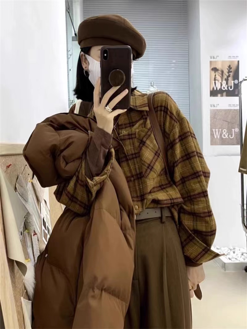 美式復古格子襯衫女2024新款外穿寬鬆慵懶內搭襯衣外套