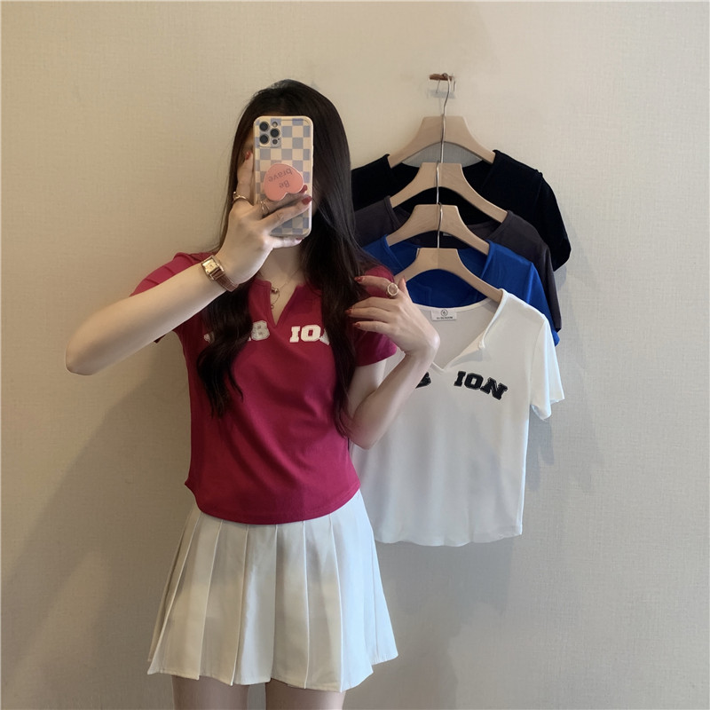 實拍復古美式ins潮短袖T恤女夏裝修身顯瘦百搭短款V領半袖上衣服