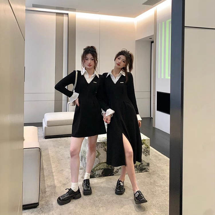 法式拼接春秋新款顯瘦小眾設計感襯衫領小黑裙氣質閨蜜連衣長裙女
