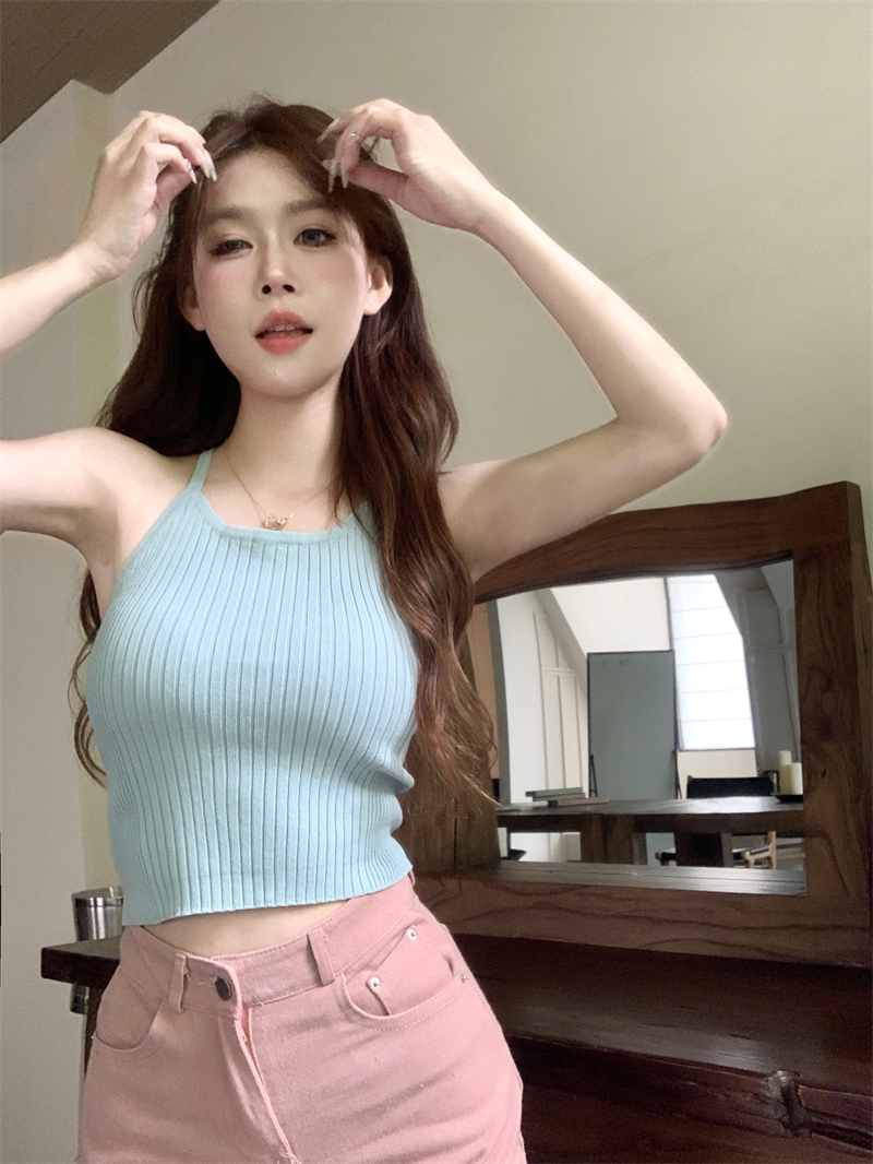 甜辣針織掛脖無袖吊帶小背心女夏季外穿小眾修身顯瘦短款露臍上衣