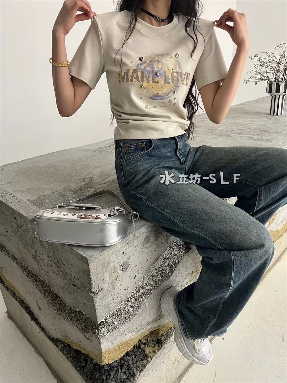 SLF水立坊夏季新款設計感小眾燙鑽字母印花修身顯瘦百搭短袖t恤女