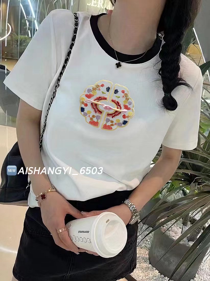 2024春季新款新中式國風復古刺繡圓領短袖T恤女洋氣顯瘦百搭上衣