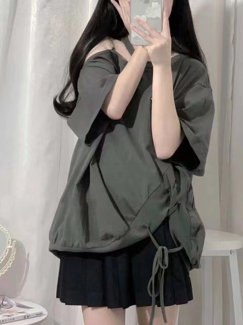 甜辣妹性感外穿斜肩不規則綁帶T恤女寬鬆顯瘦設計感小眾短袖上衣