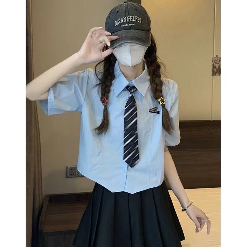 2024夏季新款學院風polo襯衣寬鬆不規則襯衫長袖別致上衣