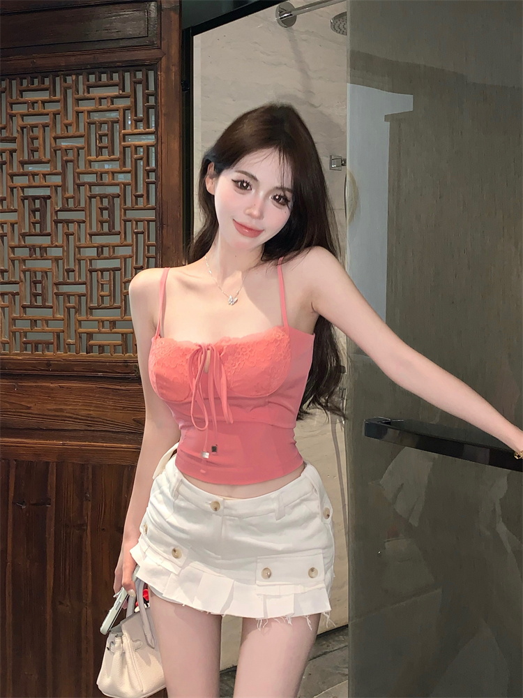 實拍 夏季多巴胺甜美蕾絲綁帶美式小吊帶女