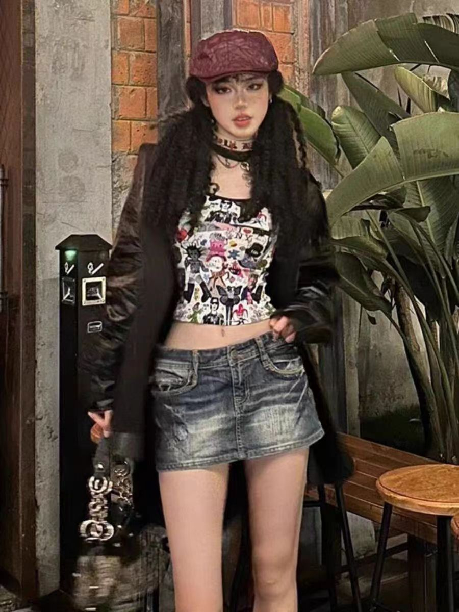 260隨心裁 美式街頭甜酷辣妹小眾印花小吊帶背心女