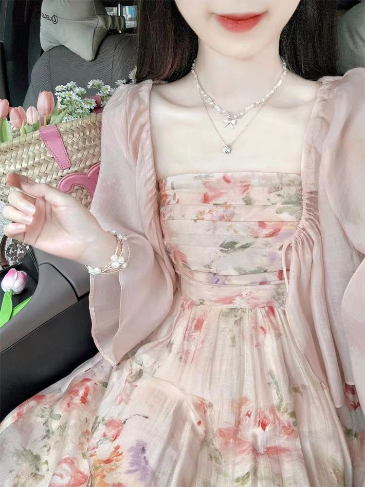 法式溫柔甜美減齡抹胸碎花連衣裙子女夏天外穿防曬衫上衣兩件套裝