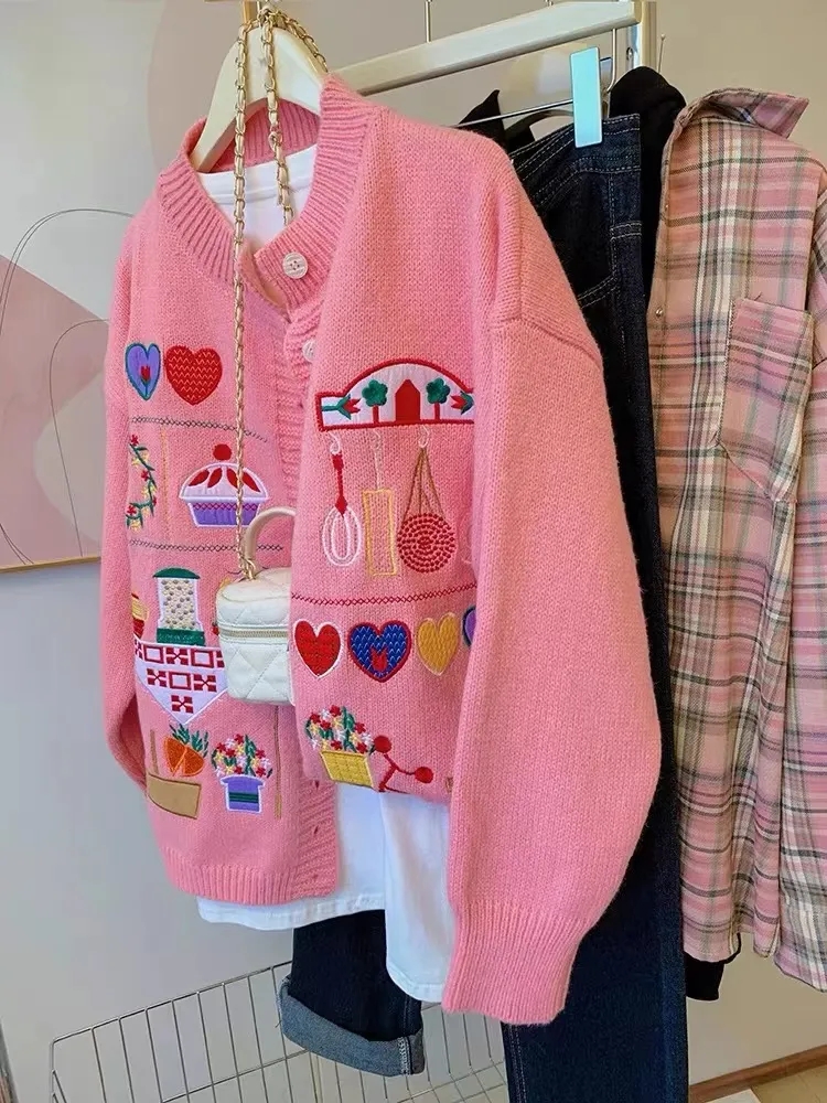 粉色毛衣女秋冬新款卡通洋氣刺繡減齡加厚圓領針織開衫外套