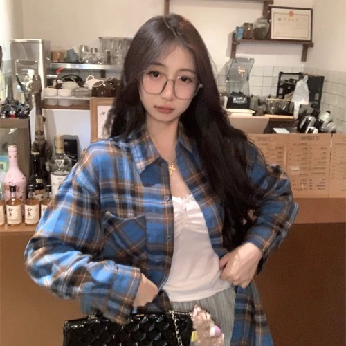 oversize復古藍棕色格子襯衫外套女秋冬款寬鬆慵懶風襯衣外穿開衫