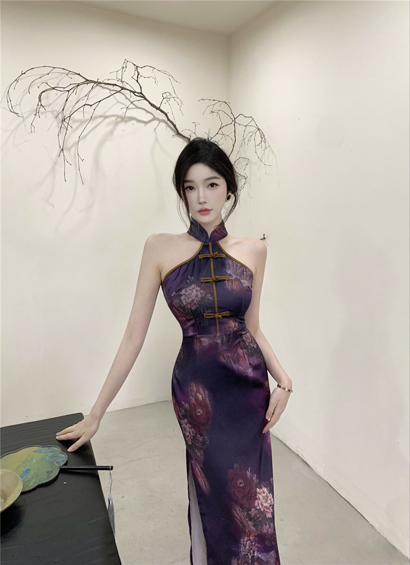 實拍新款國風新中式掛脖改良旗袍裙新款復古長裙修身收腰連衣裙