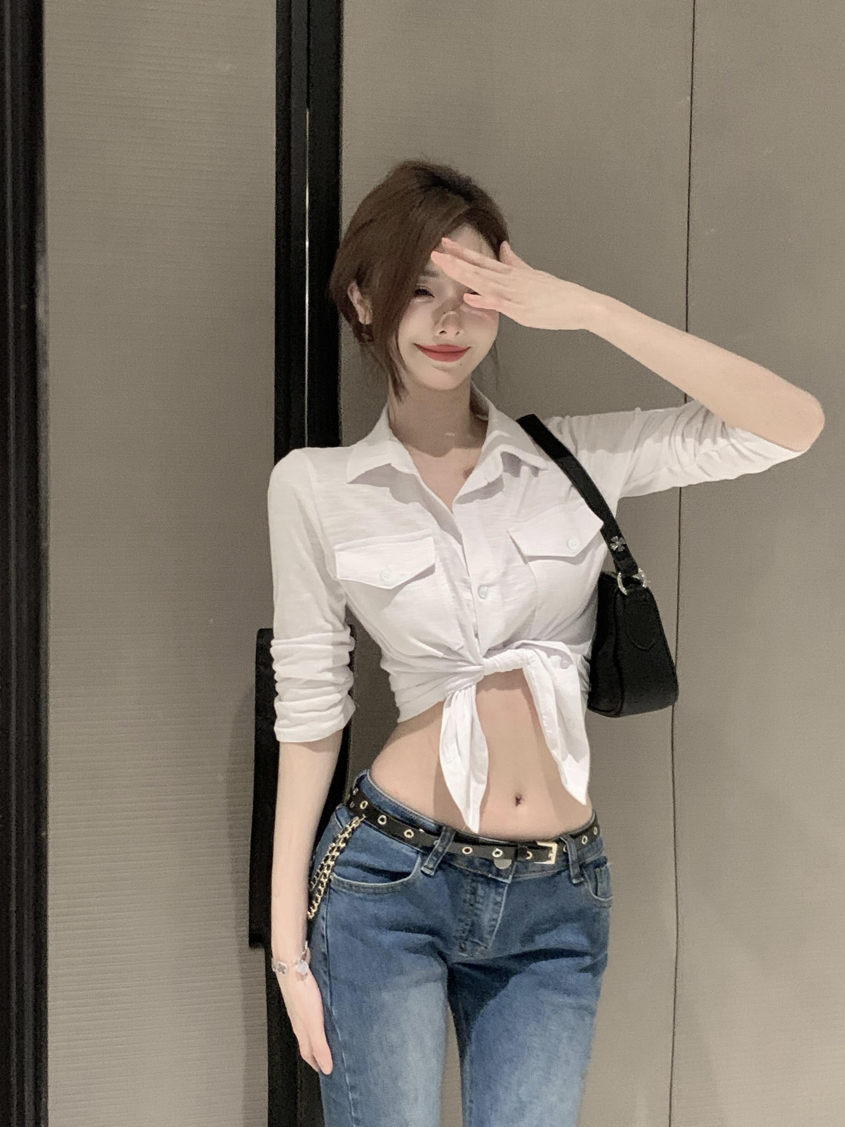 實拍 辣妹襯衫polo領小眾修身中長袖白色上衣女