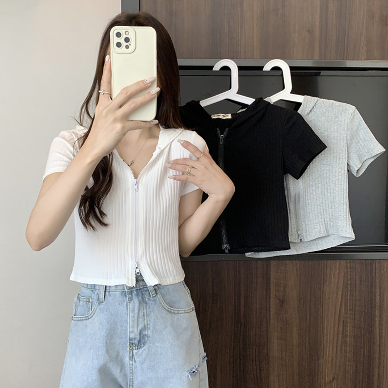 實拍螺紋短袖T恤女夏季學生短款連帽上衣服