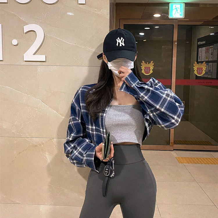 短款襯衫女春季氣質格子外套法式簡約百搭休閒Polo領露臍長袖薄款