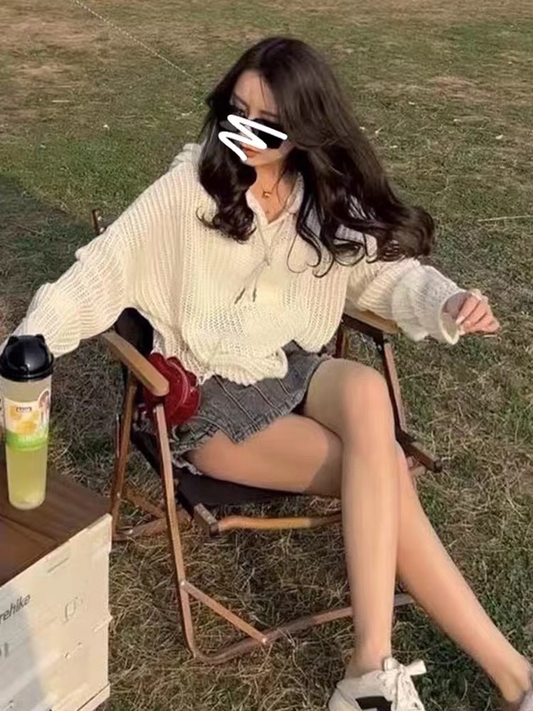 連帽鏤空針織上衣女夏季2024年新款時尚薄款寬鬆長袖防曬罩衫外套