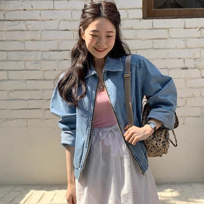 2024 spring new retro zipper denim jacket